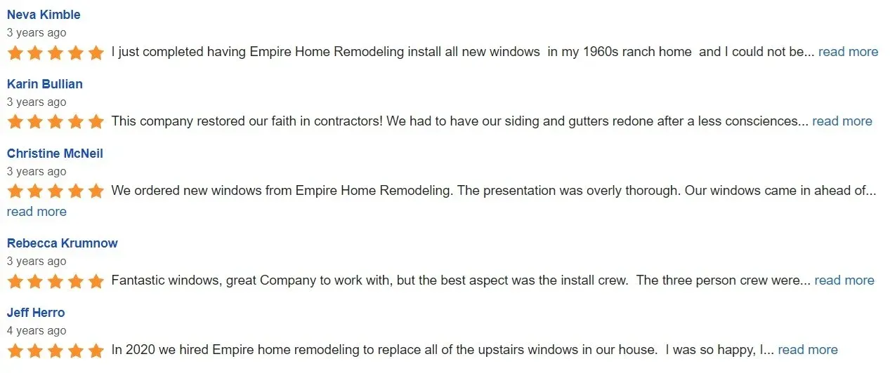 5-star customer reviews for Empire Home Remodeling’s window installation services in Milwaukee, WI